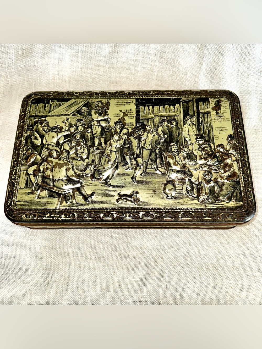 Vintage Teniers Embossed Metal Art Storage Tin Box 13x8 Cottagecore Decor